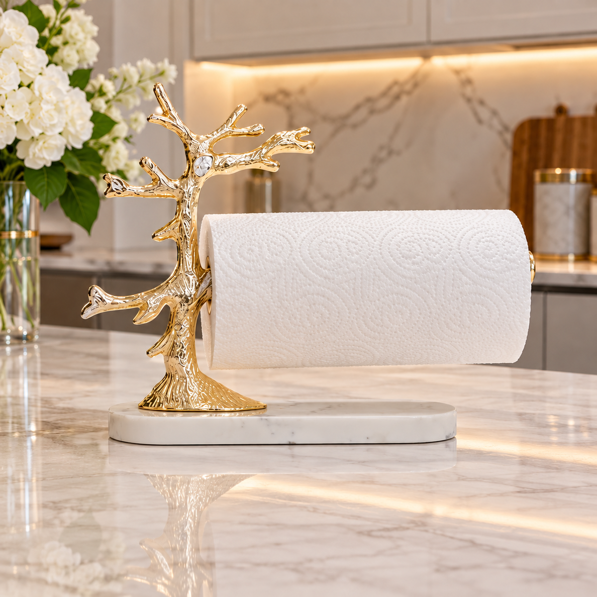 Gold Tree Design Paper Towel Holder On Marble Base