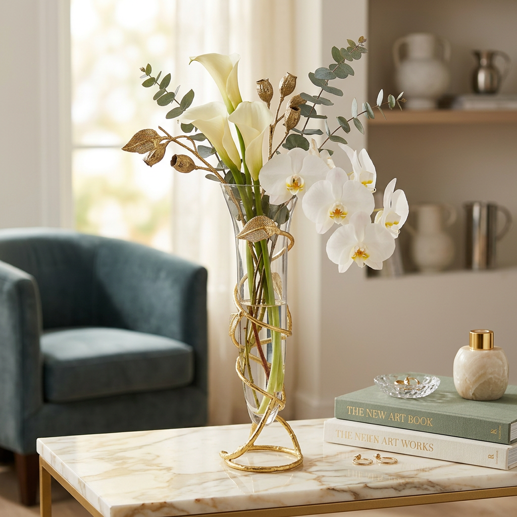 Glass Vase With Gold Leaf Design Base