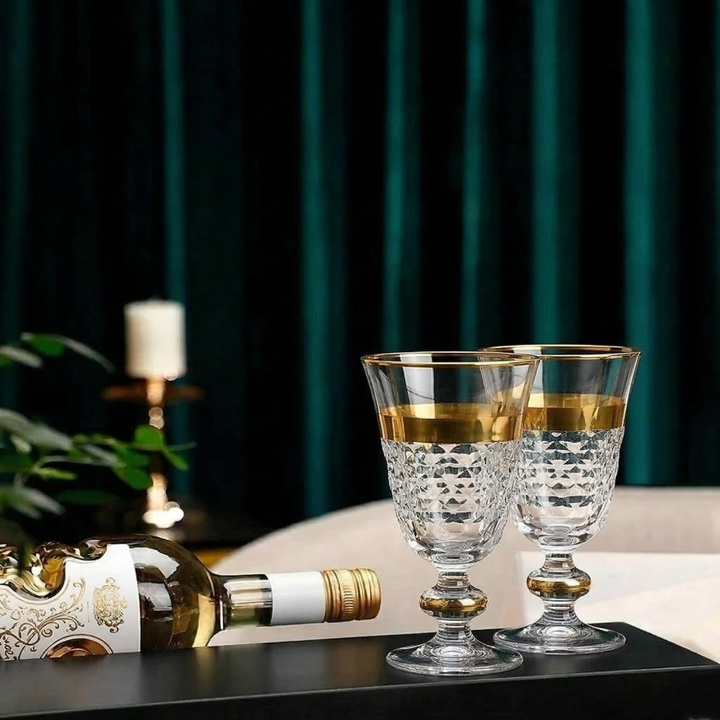 Set of 6 Short Stem Glasses with Gold and Crystal Detail