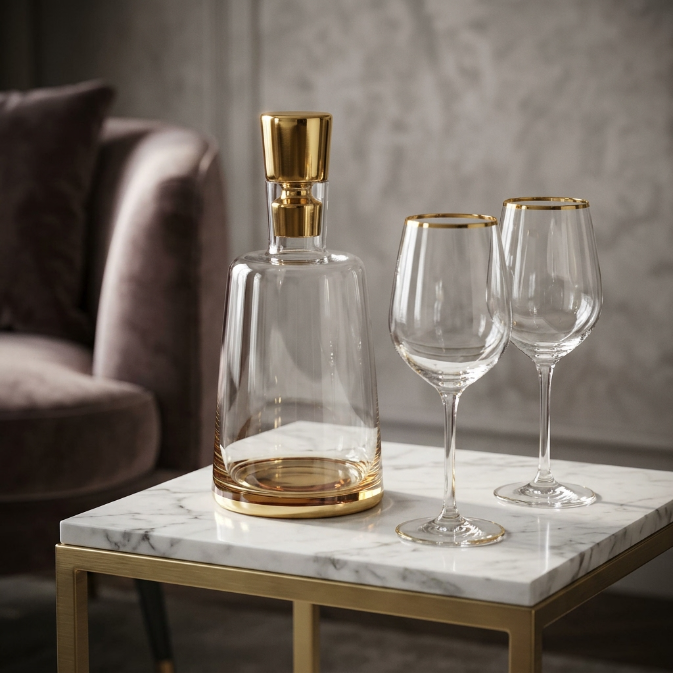 Glass Decanter with Gold Base and Lid