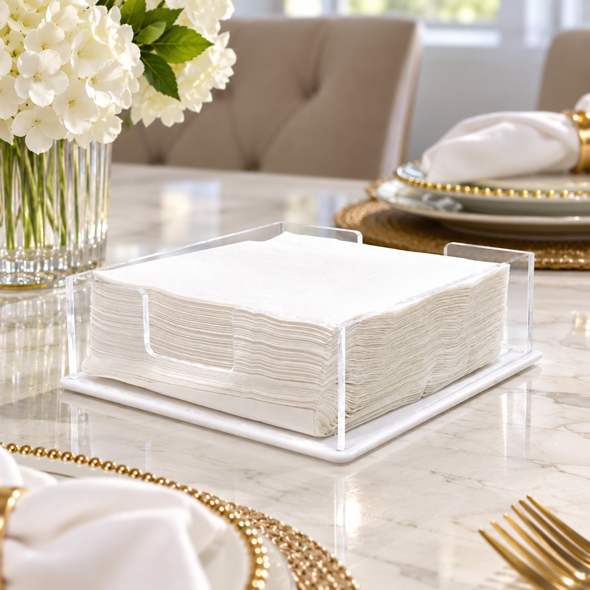Acrylic Square Napkin Holder with White Base, 8"L