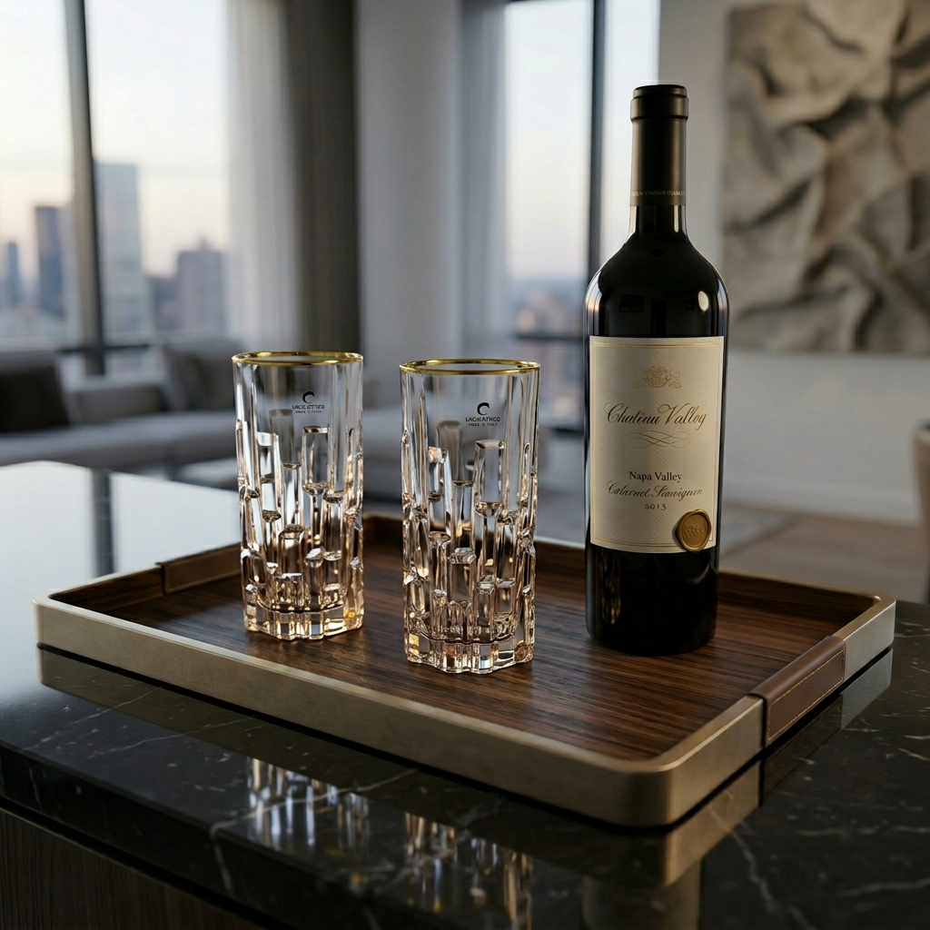 Liscio Ottico - Set of 6 Highball Glasses with Block Design and Gold Rim