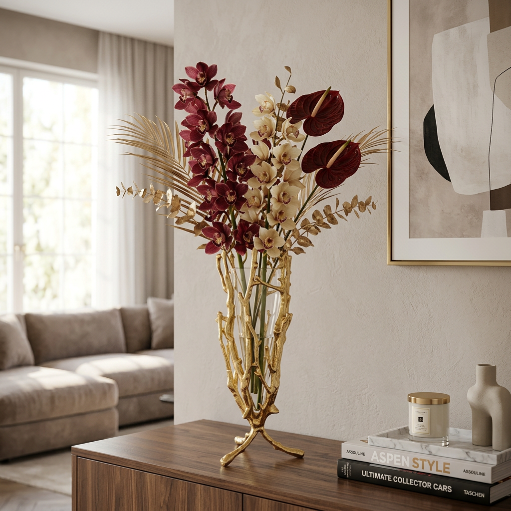 Gold Floral Vase with Removable Glass Insert
