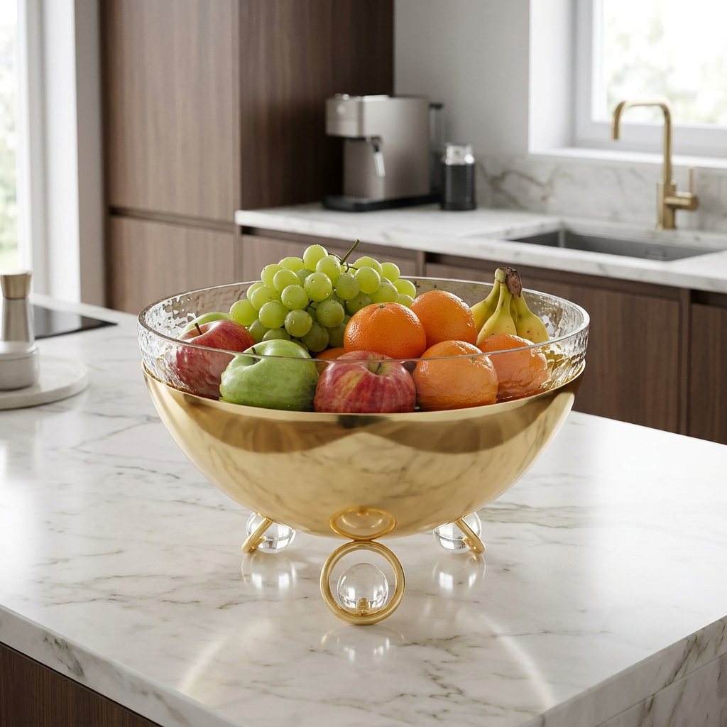 Salad Bowl with Glass Insert Gold and Clear Ball Legs - 11"D