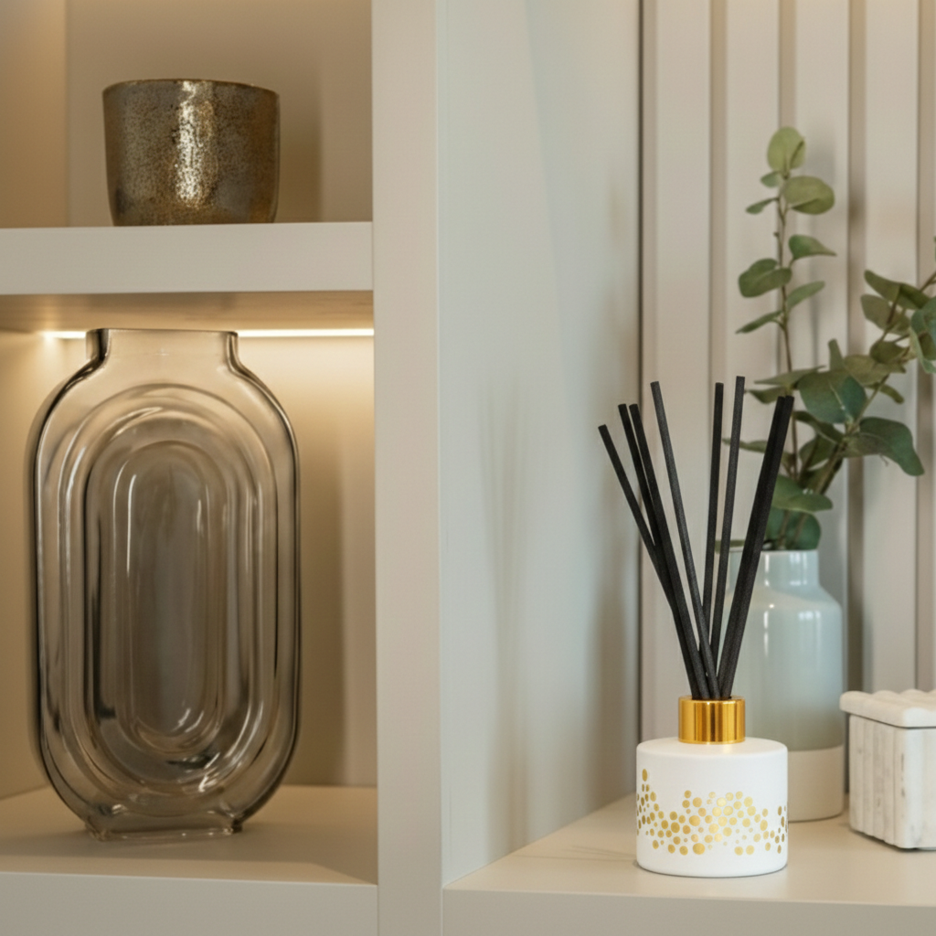 Gold Spotted White Bottle Diffuser, "Lily of the Valley" aroma