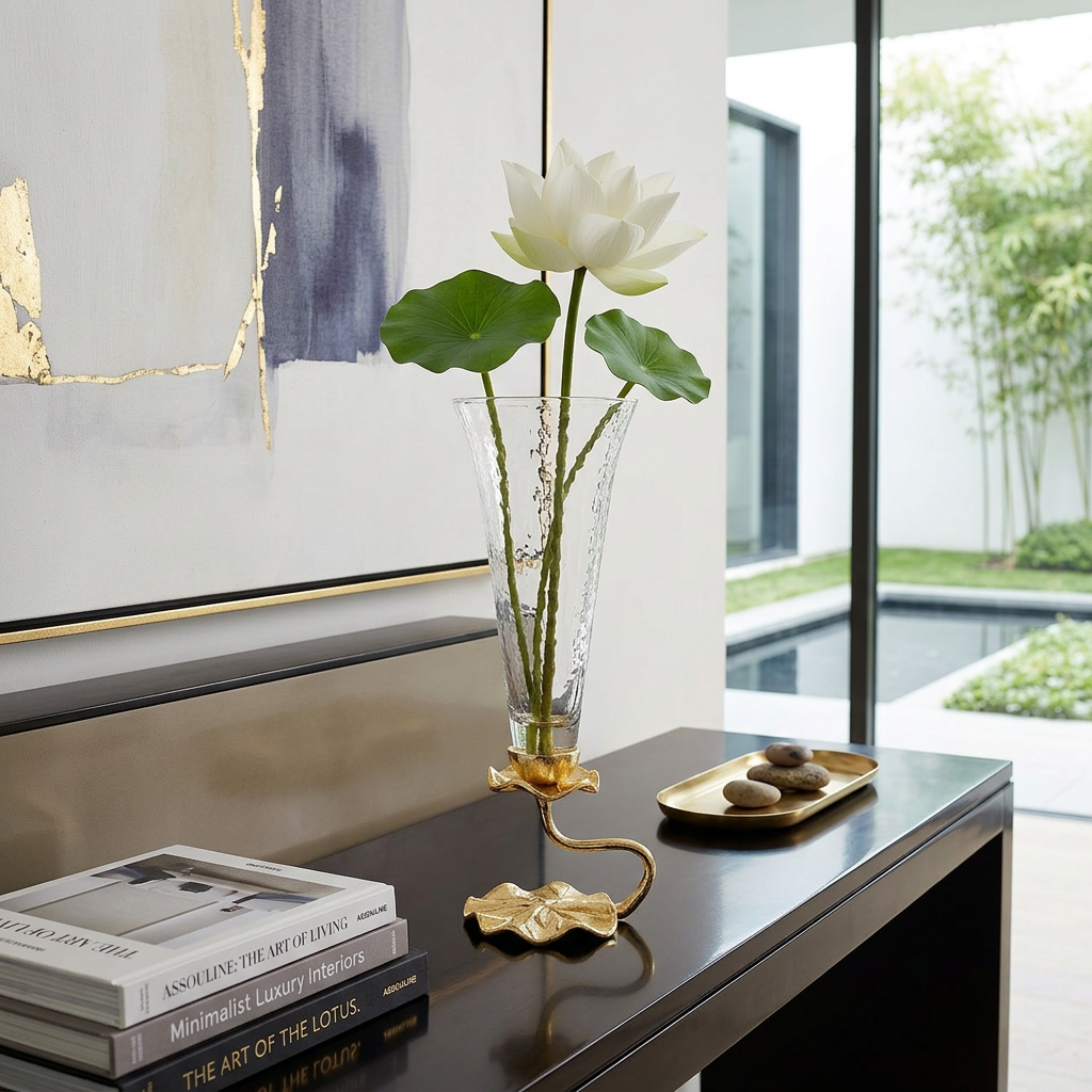 Glass Vase with Gold Lotus Flower Design