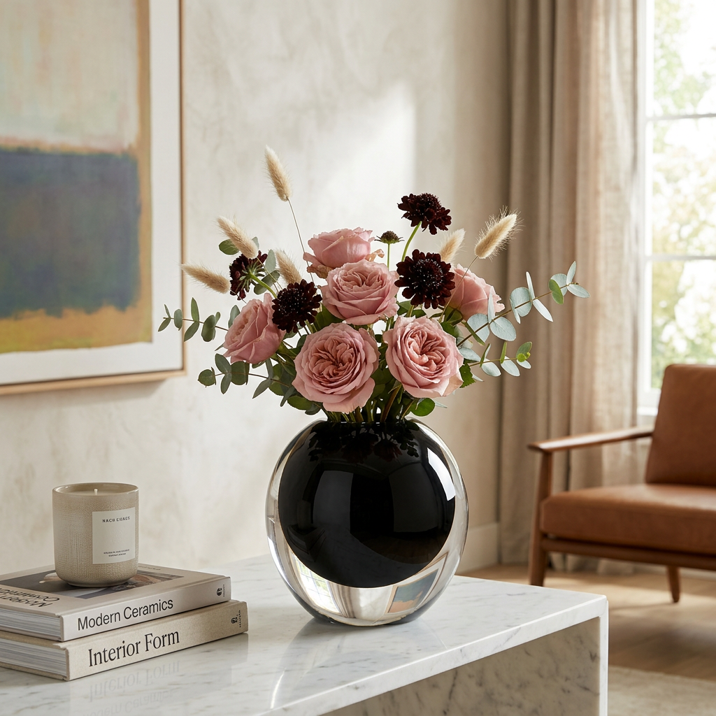 Double Wall Black Inlay Glass Vase with Pink Flowers