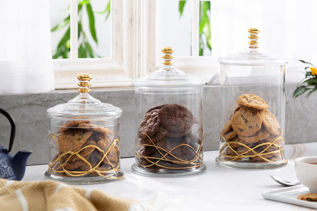 Set of 3 Glass Canisters with Gold Swirl Design