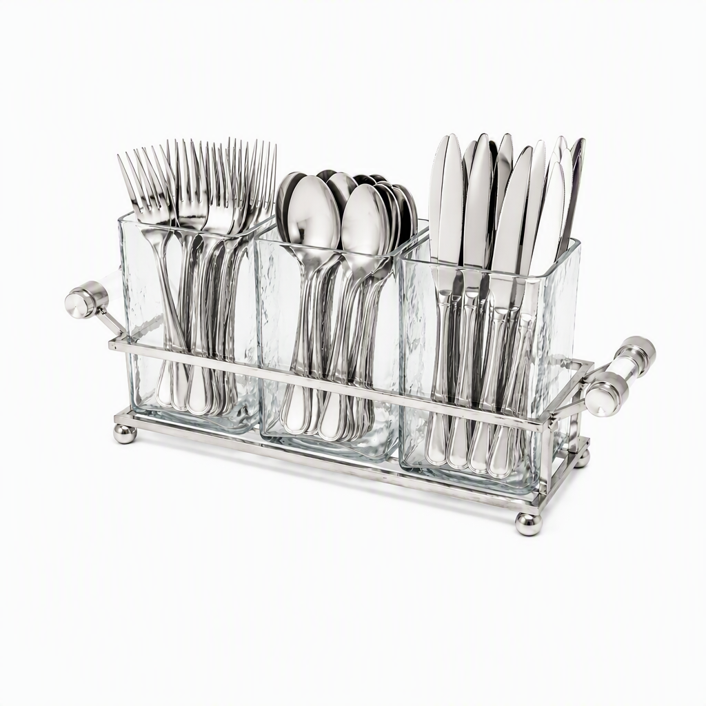 Cutlery Holder with Silver Frame and Cylinder Handles - 12.6"L