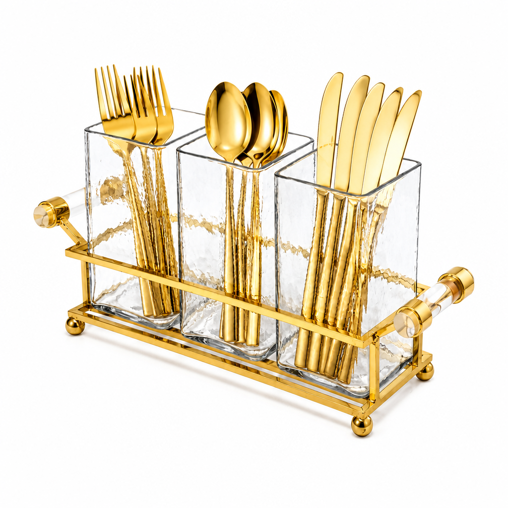 Cutlery Holder with Silver Frame and Cylinder Handles - 12.6"L