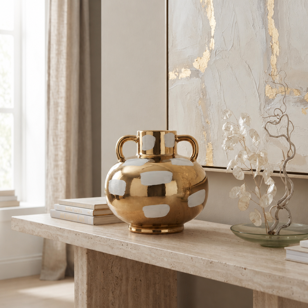 Gold Vase with White Brushstroke Design with Handles