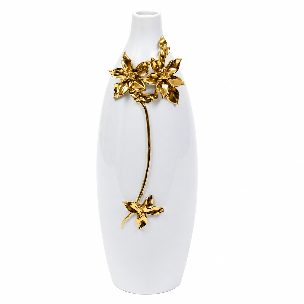 18" White Tall Vase Gold and White Flower Design