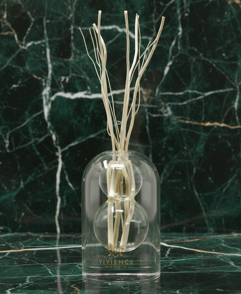 Clear Reed Diffuser with White Circular Inlay, "Lily of the Valley" Scent