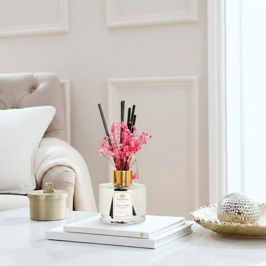 Clear Bottle Diffuser with White and Pink Flowers, "Lily of the Valley"