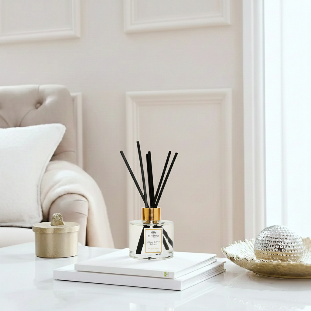 Clear Bottle Diffuser with White and Pink Flowers, "Lily of the Valley"