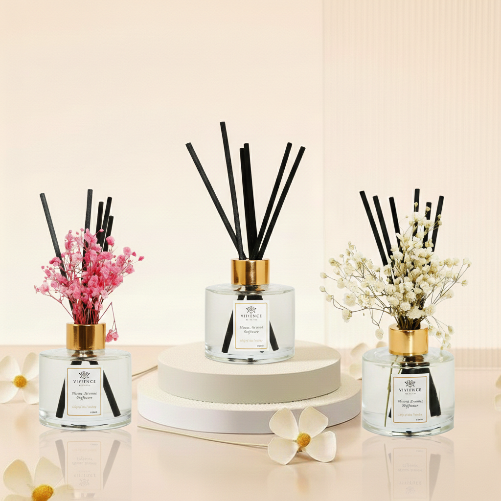 Clear Bottle Diffuser with White and Pink Flowers, "Lily of the Valley"