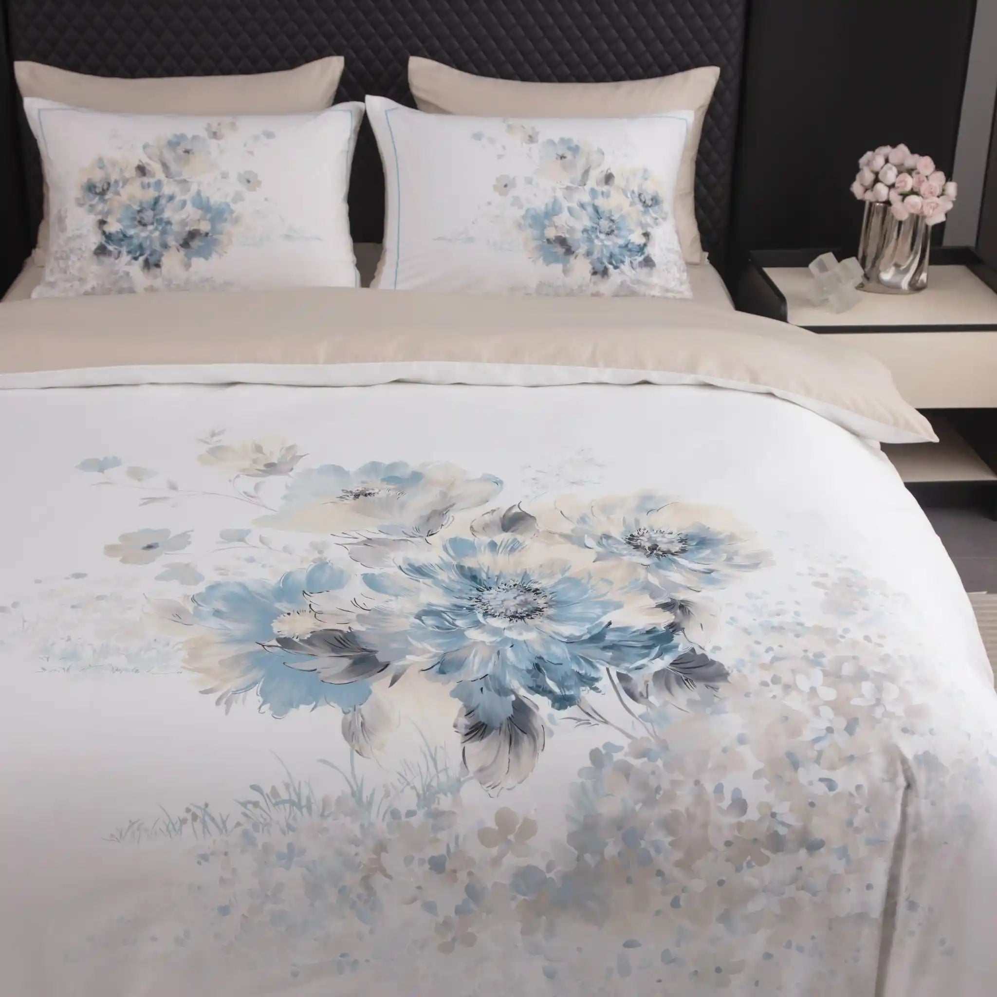 Floral Canvas Blue Duvet Cover Bedding Set