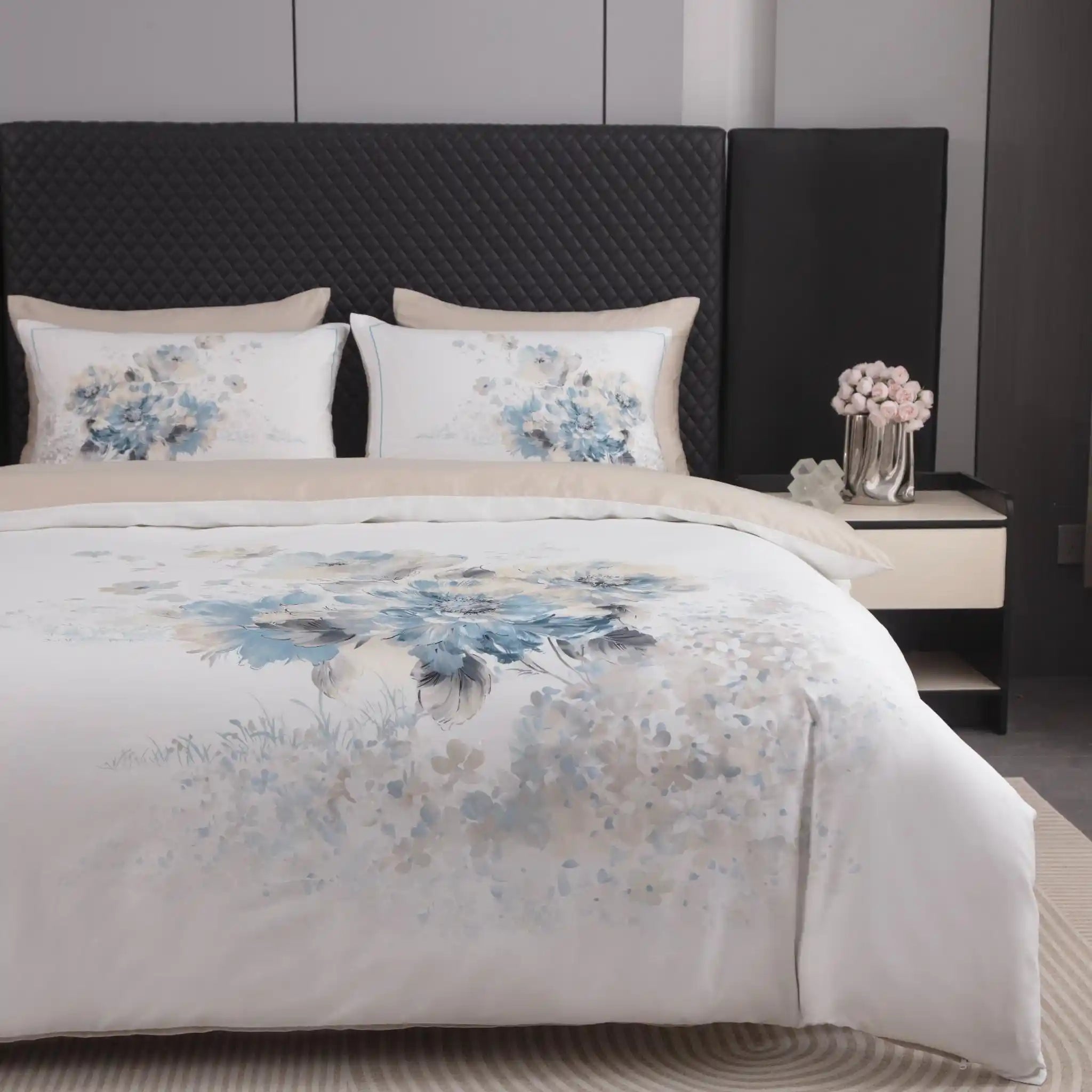 Floral Canvas Blue Duvet Cover Bedding Set