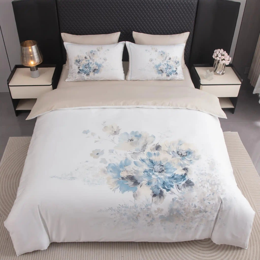 Floral Canvas Blue Duvet Cover Bedding Set