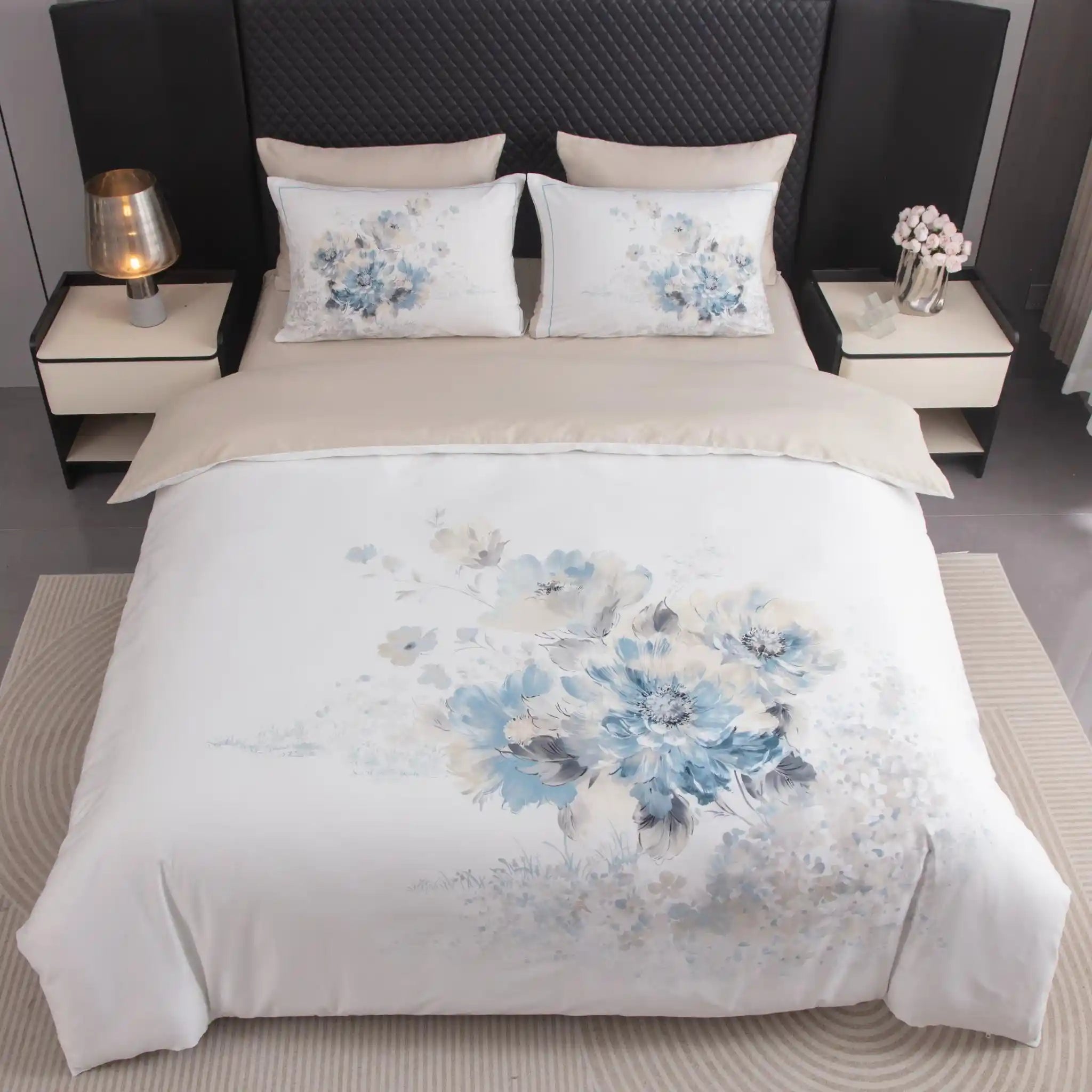 Floral Canvas Blue Duvet Cover Bedding Set