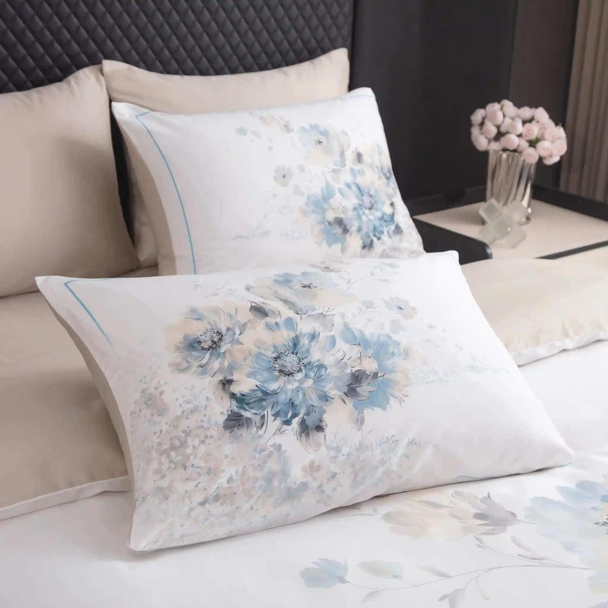 Floral Canvas Blue Duvet Cover Bedding Set