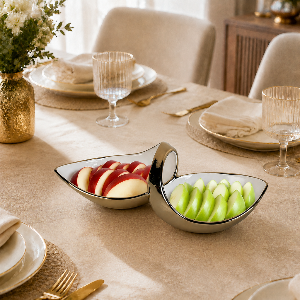 White Porcelain Double Snack Bowl with Gold, 13"L