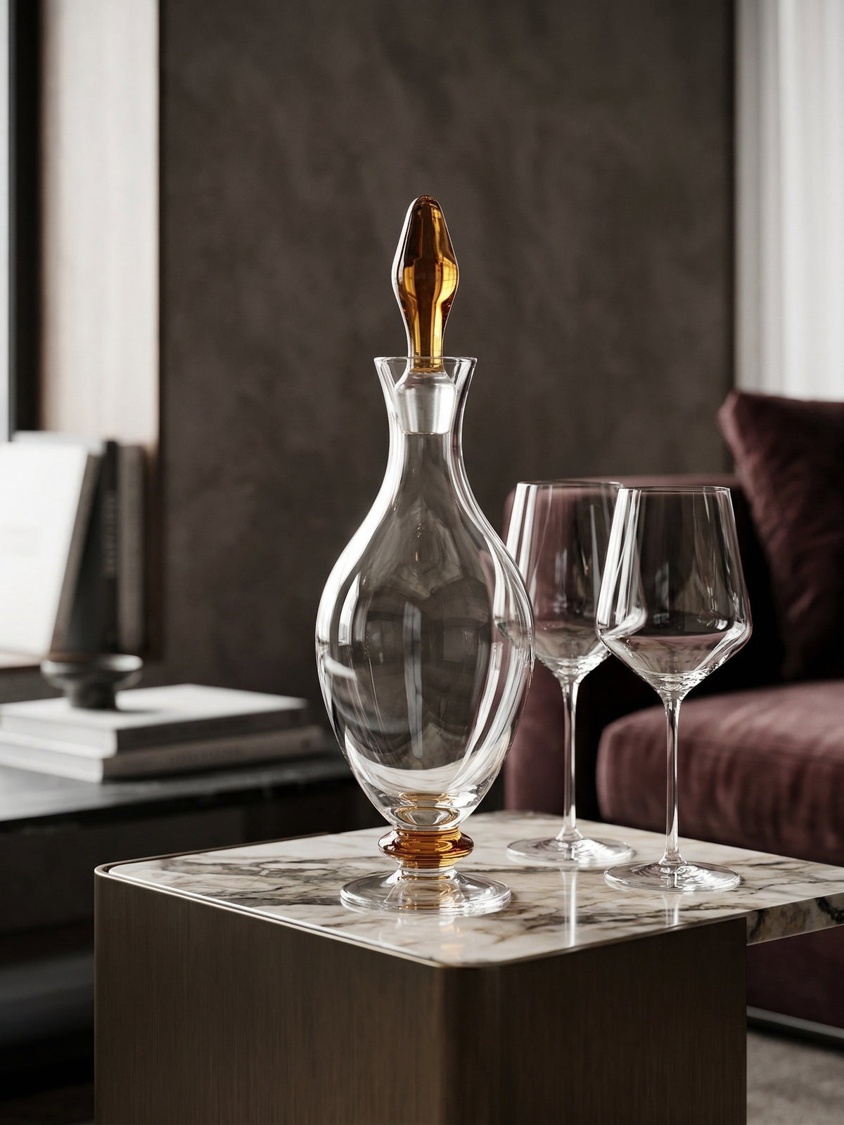Footed Wine Decanter Amber Topper and Stem