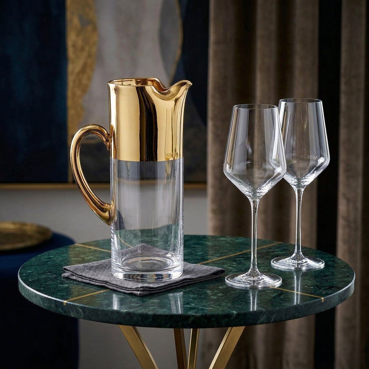Glass Pitcher with Gold Handle and Top