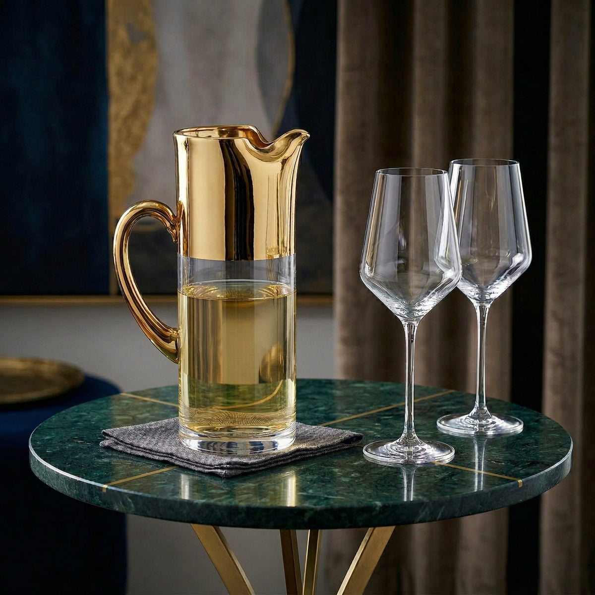 Glass Pitcher with Gold Handle and Top