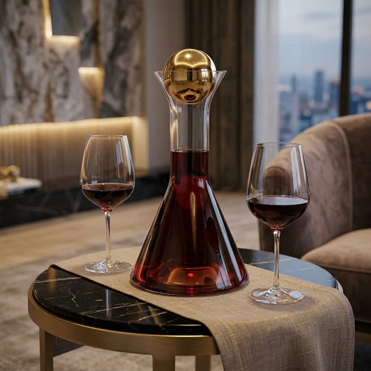 Glass Decanter with Gold Base and Ball Lid