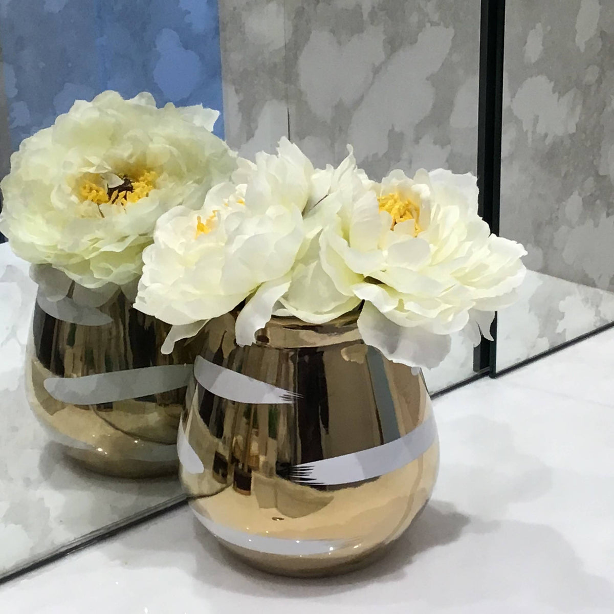 Gold Bud Vase with White Brushed Design