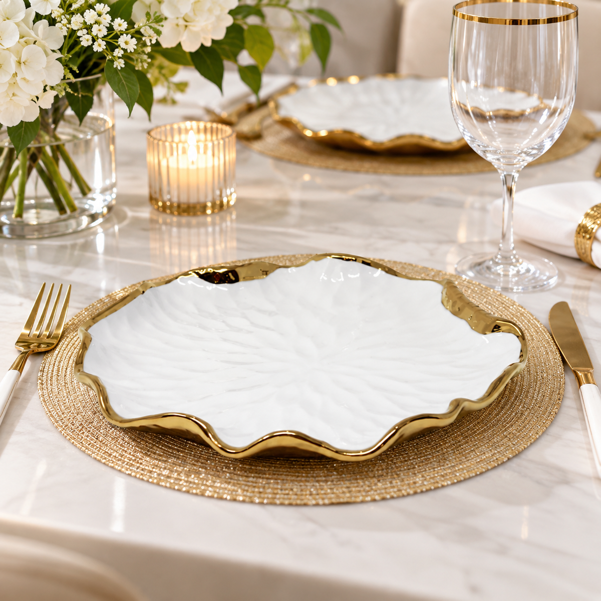 Set of 4 White Dinner Plates New Bone China with Gold Scalloped Edge