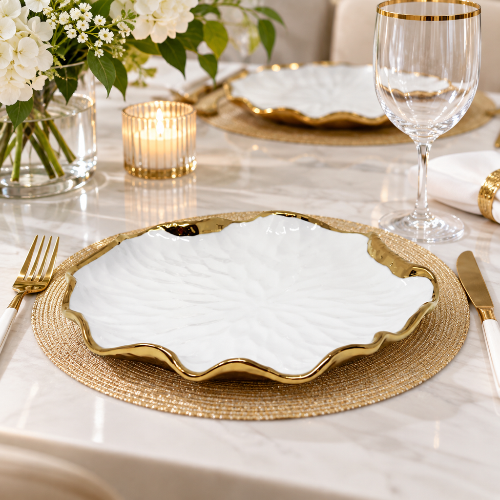 Set of 4 White Salad Plates New Bone China with Gold Scalloped Edge