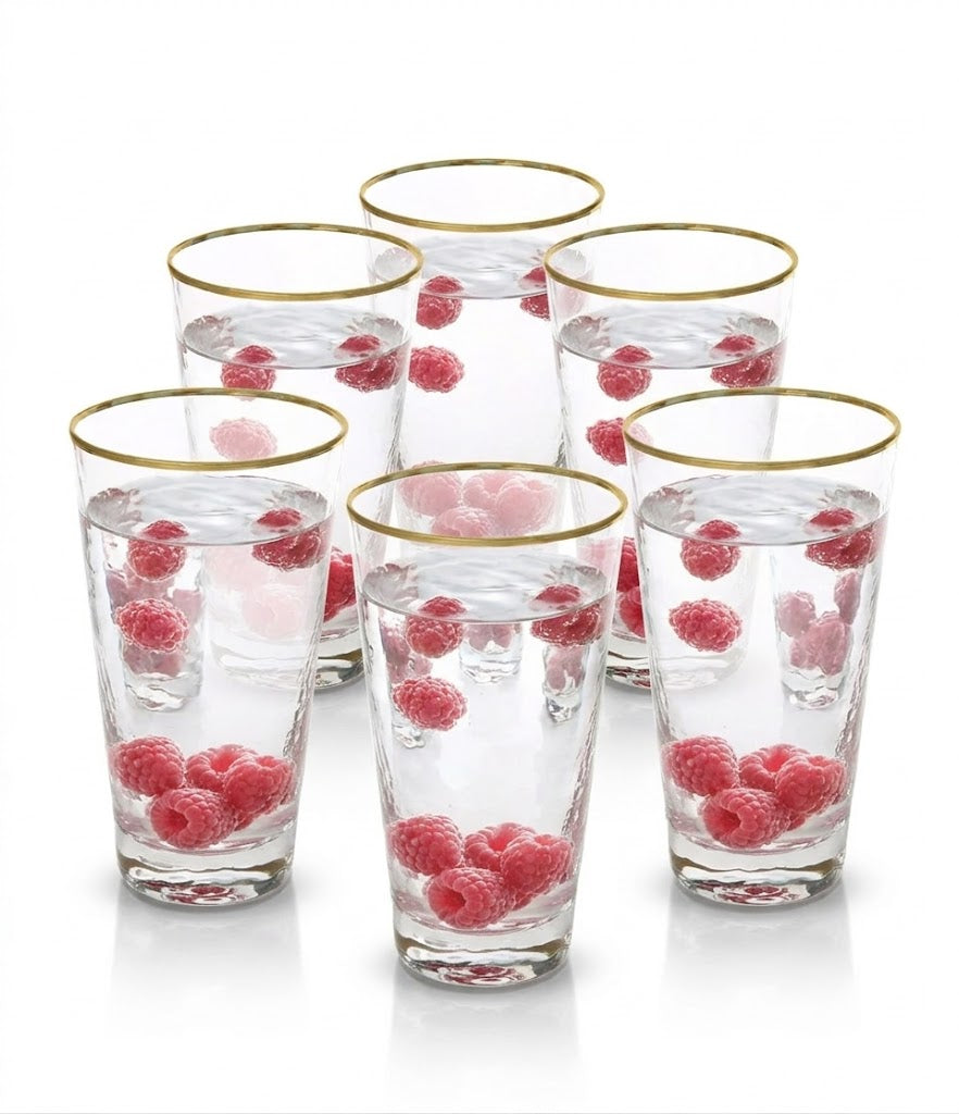 Set Of 6 Tumblers With Simple Gold Design - 3.5"D X 4.25"H