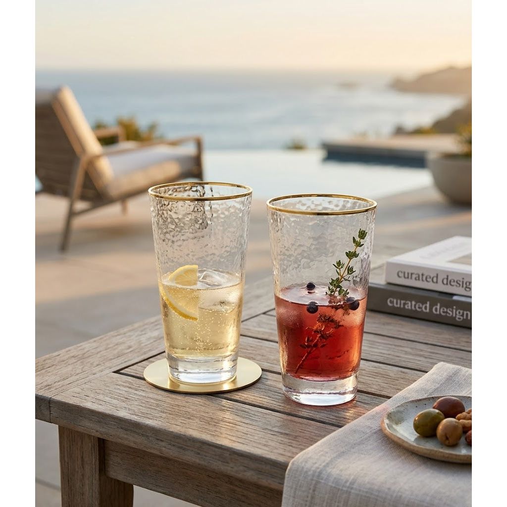 Set Of 6 Tumblers With Simple Gold Design - 3.5"D X 4.25"H