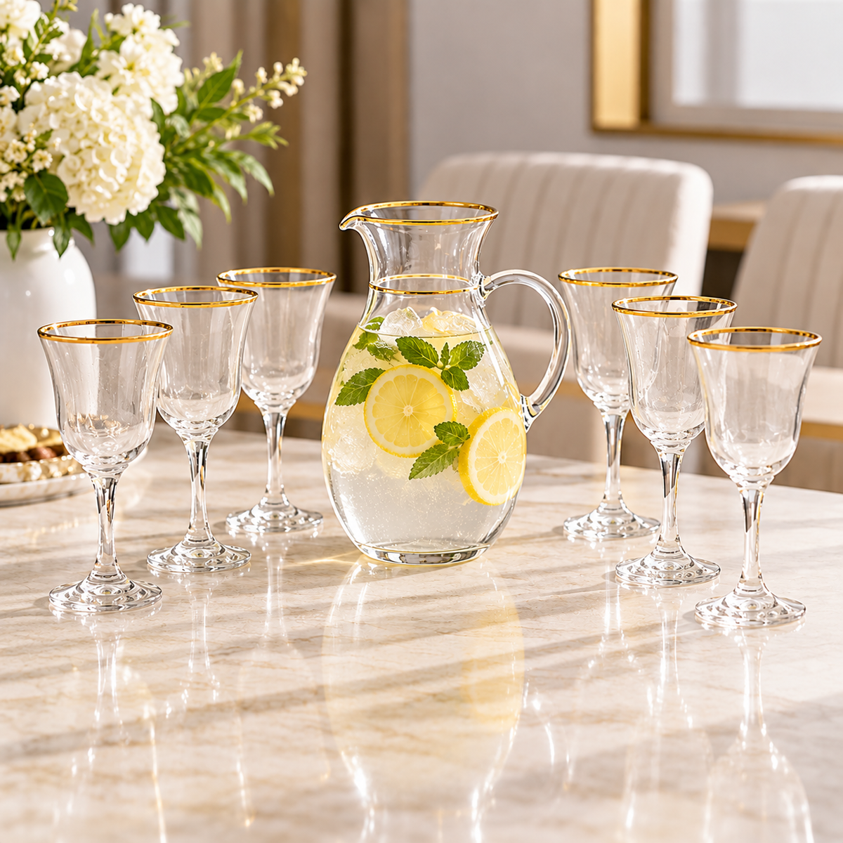 7 Piece Drinkware Set with Gold Rim Design