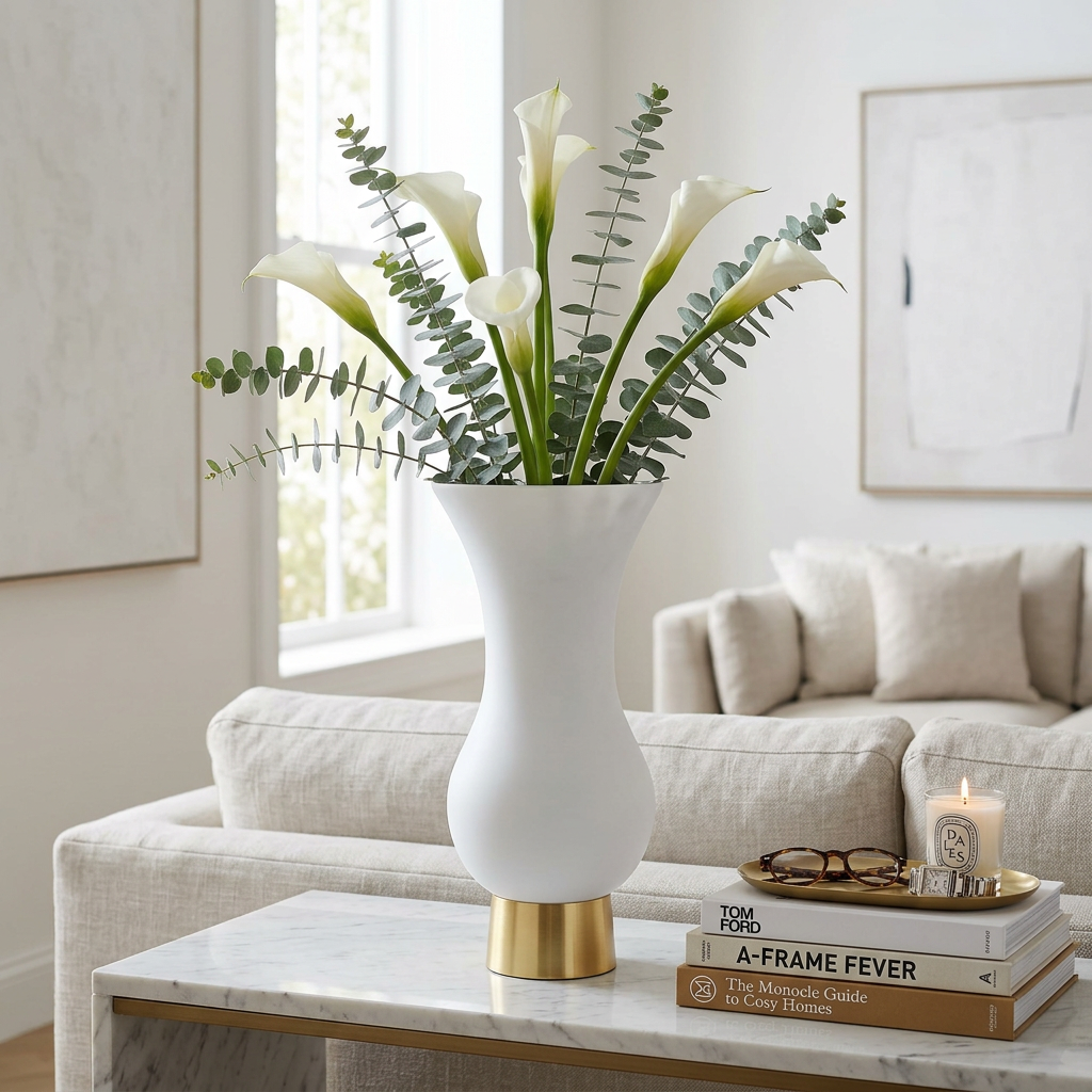 White S-Shaped Glass Vase with Gold Base