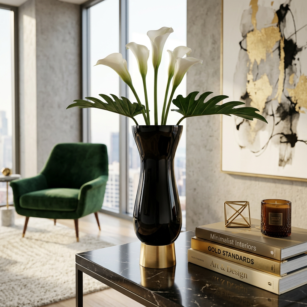 Black Glass Vase with Gold Base