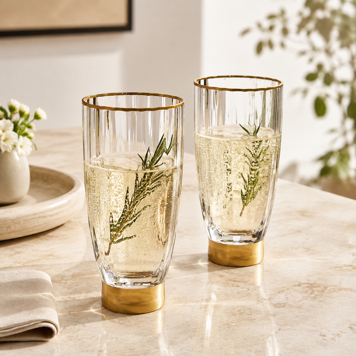 Set of 6 Straight Textured Water Tumblers with Gold Base and Rim