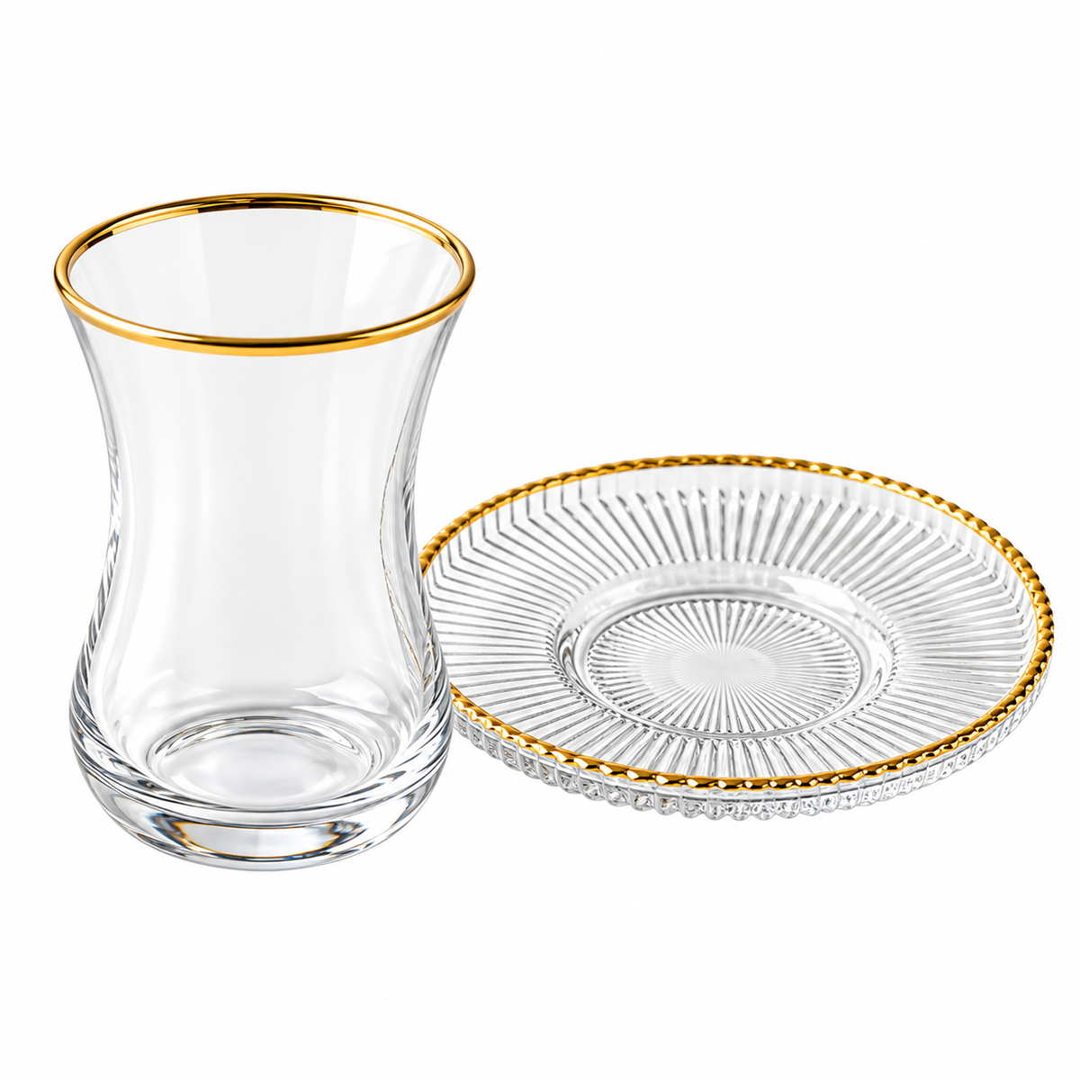Set of 4 Ribbed Plates with Gold Rim