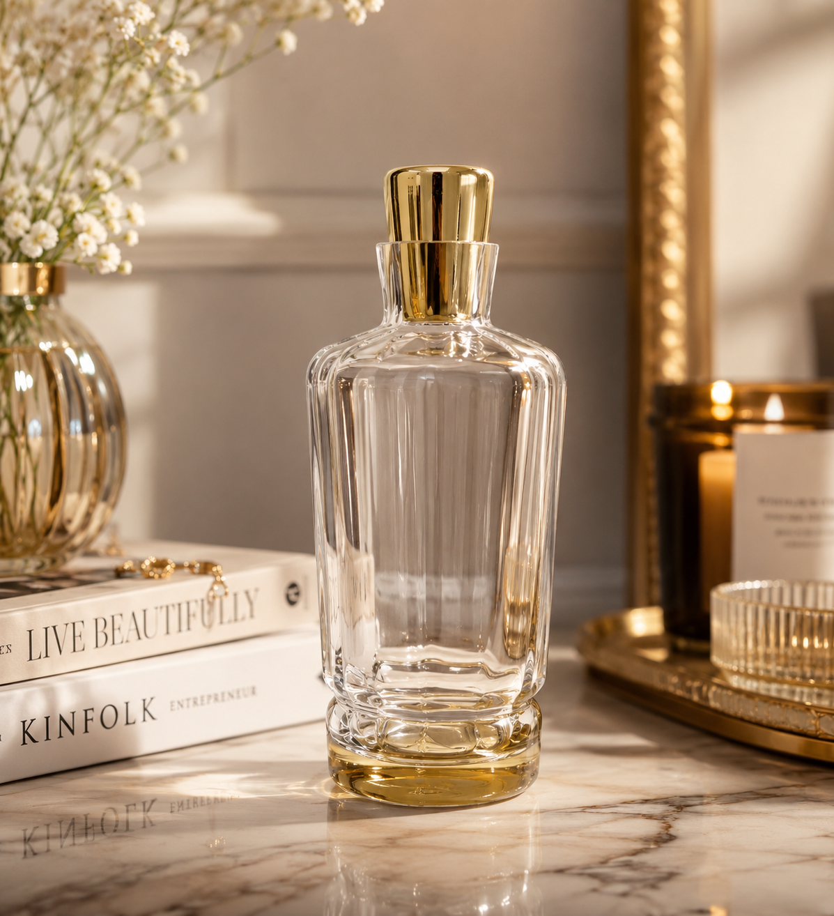 Glass Optic Whiskey Decanter with Gold Cover and Base, 8.75"H