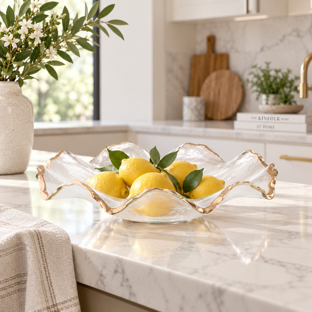 Glass Ruffle Bowl with Gold Edge 12"D 2.75"H