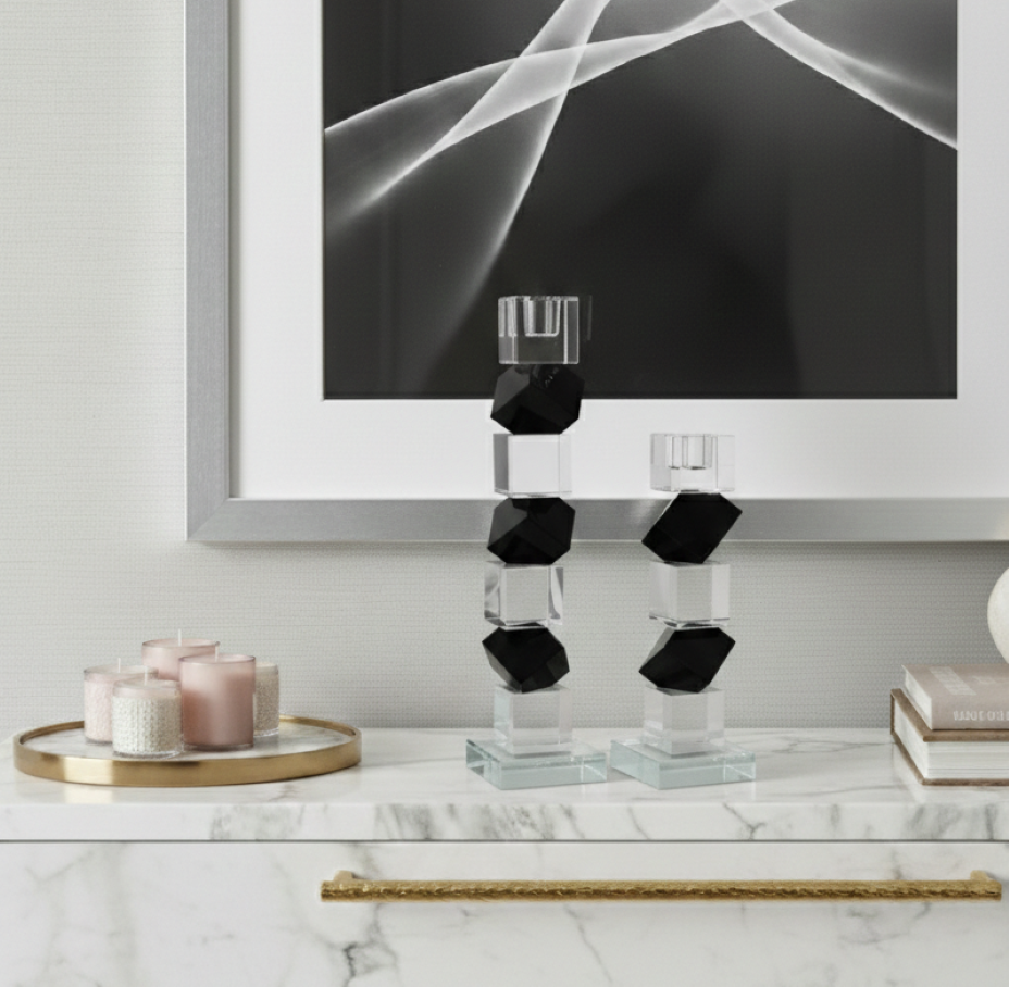 Crystal Candlestick Black and Clear Diagonal Block Design (2 Sizes)