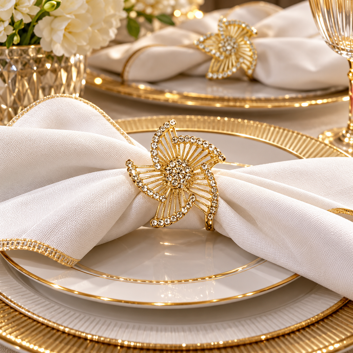 Set of 4 Gold  Napkin Rings-Leaf Design