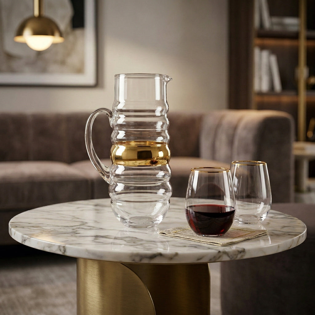 Glass Pitcher with Linear Design and Gold Stripe