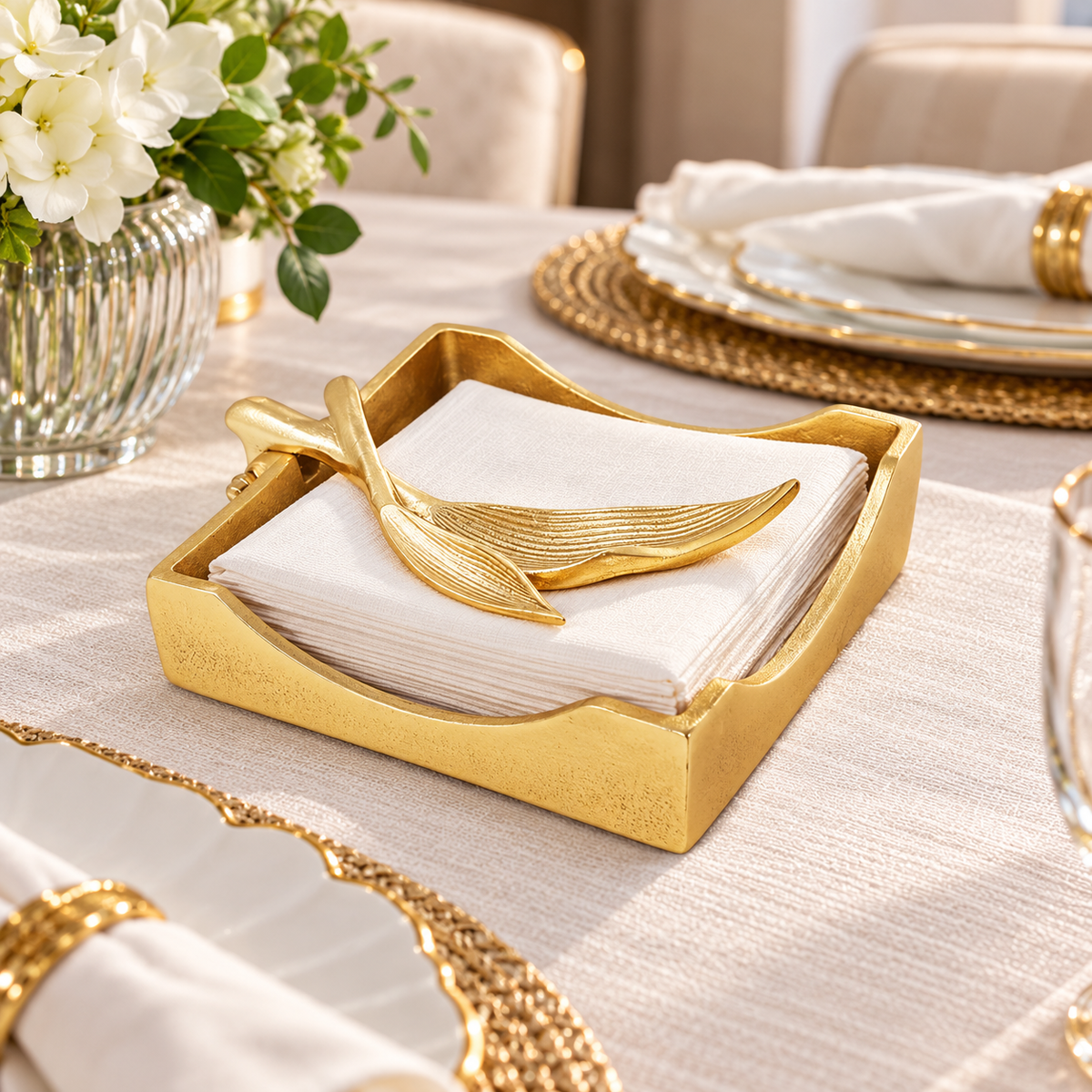 Gold Square Napkin Holder with Leaf Tong