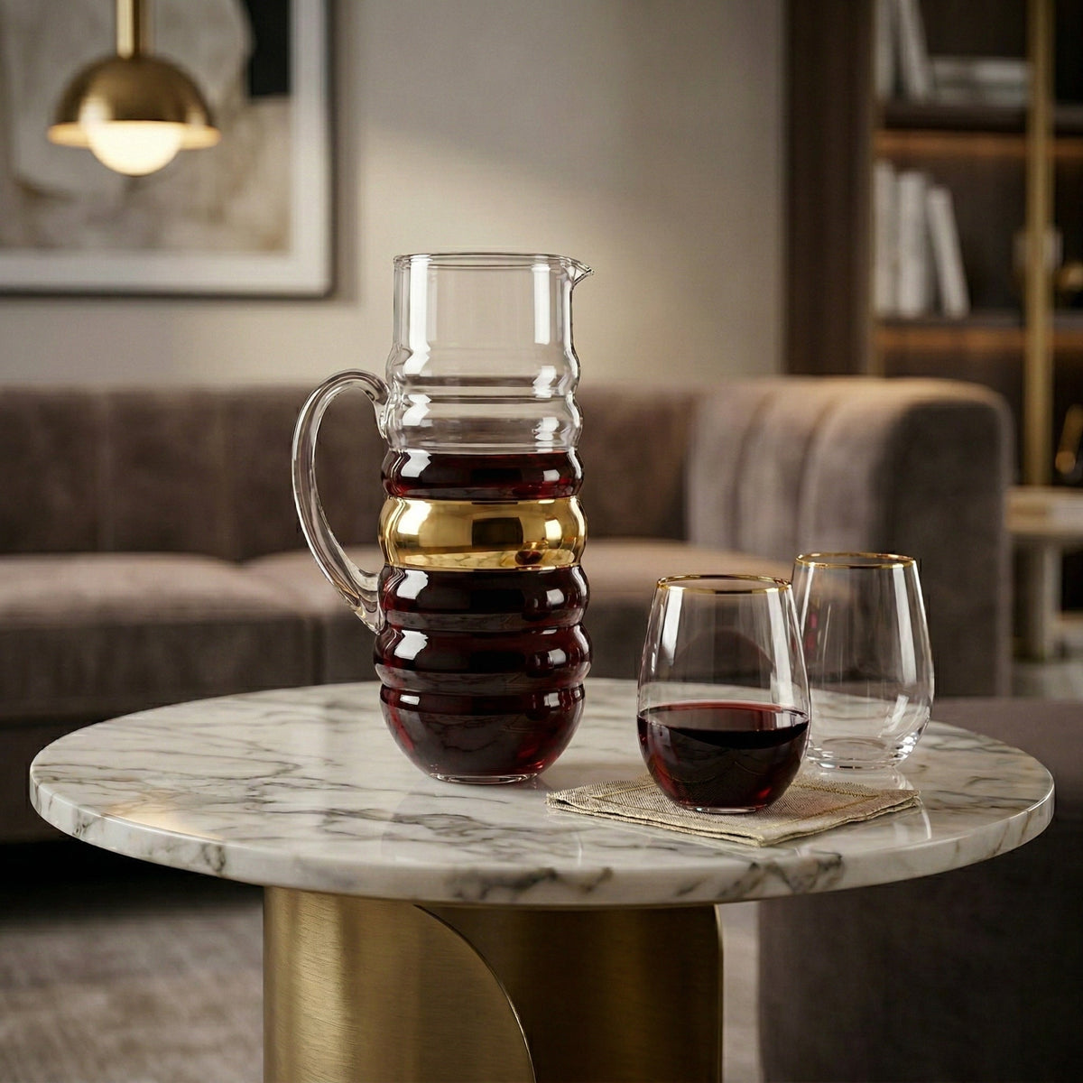 Glass Pitcher with Linear Design and Gold Stripe