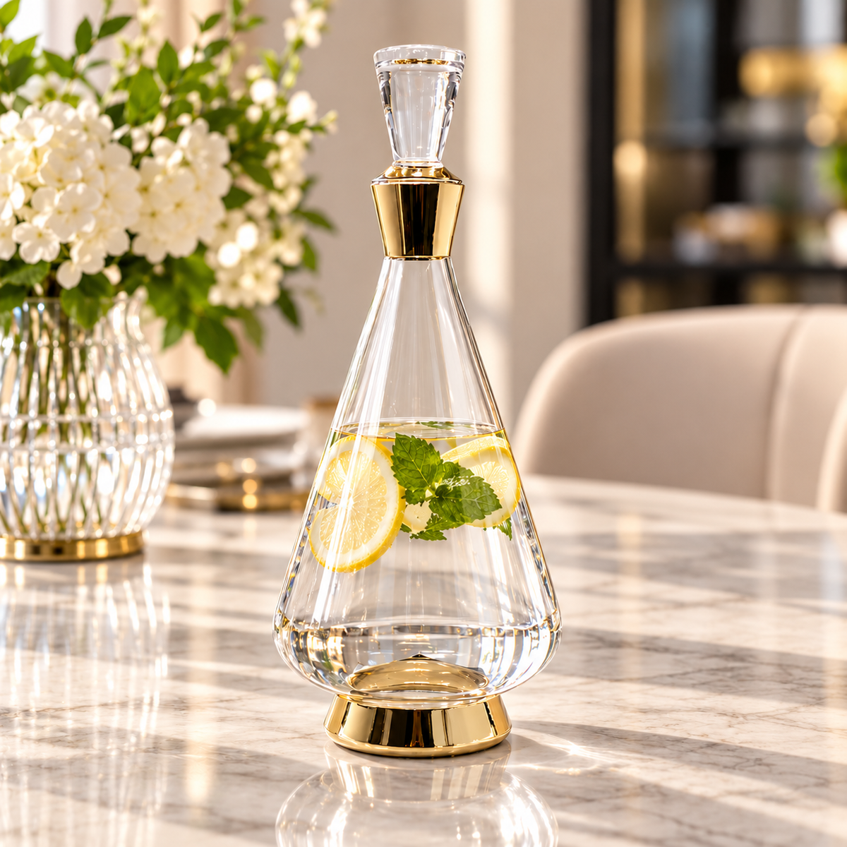 Glass Decanter with Gold Accents