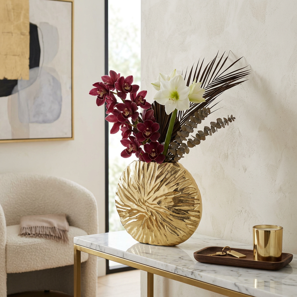 Gold Crumpled Circular Vase, 8.25"H