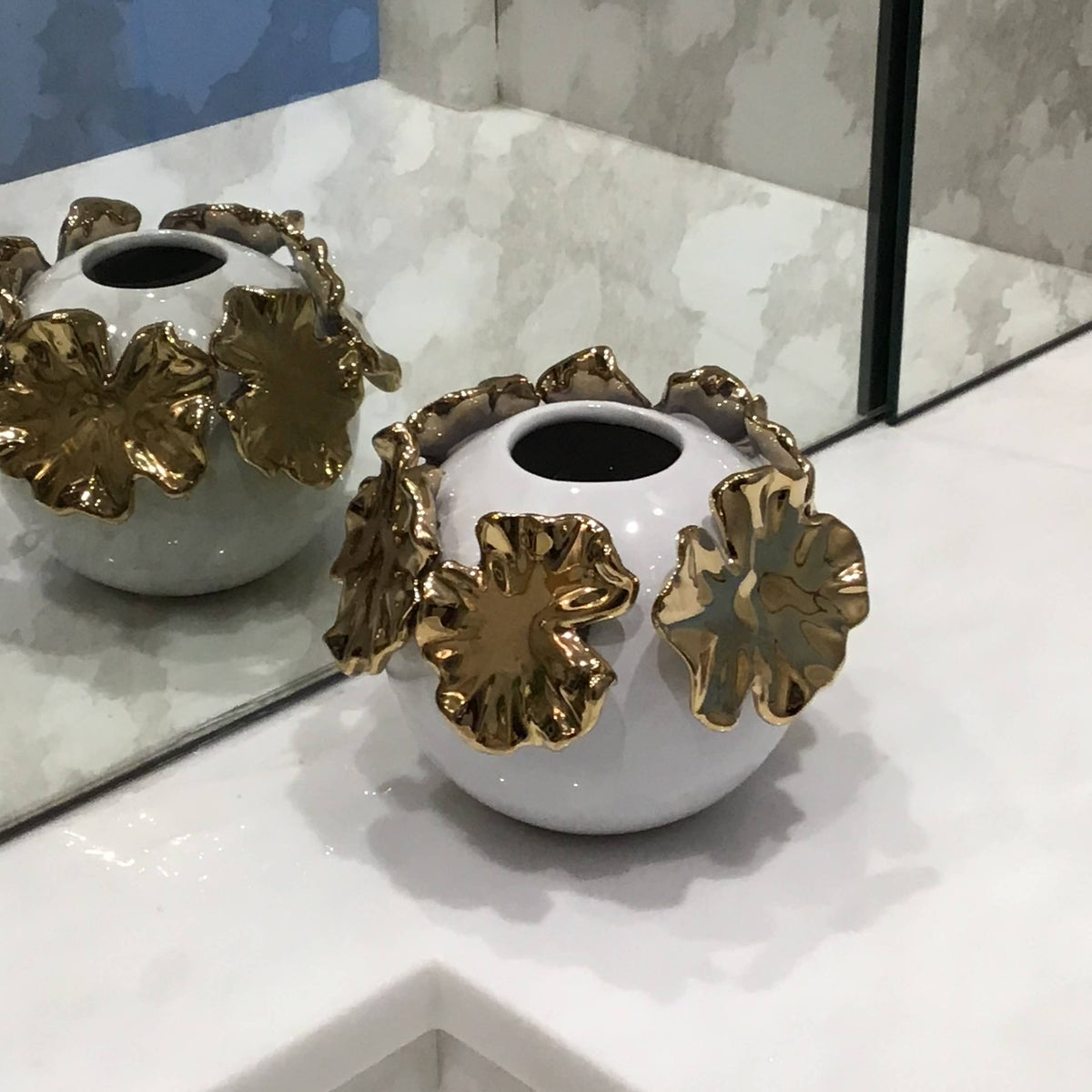 White Bud Vase with Gold Floral Design